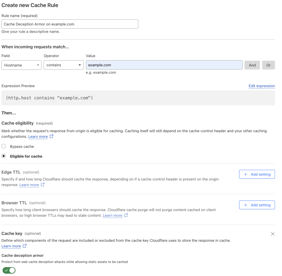 Cache rule matching the &lsquo;Cache Deception Armor&rsquo; setting of the example Page Rule